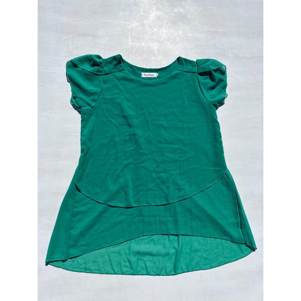 Tian Shun Green Chiffon Layered Blouse L Pleated Back High Low Flutter Top